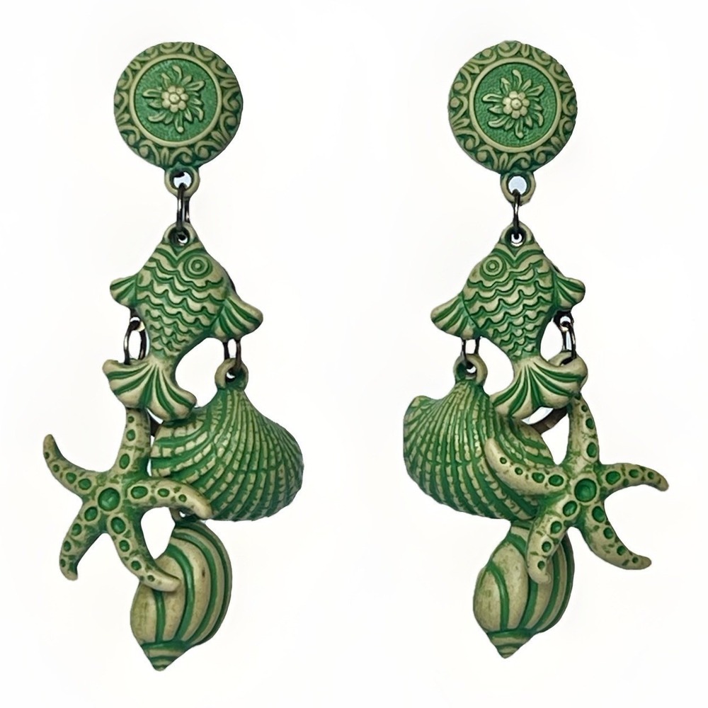 Vintage Sea Life Clip On Earrings Fish Shell Starfish Green Coastal Statement